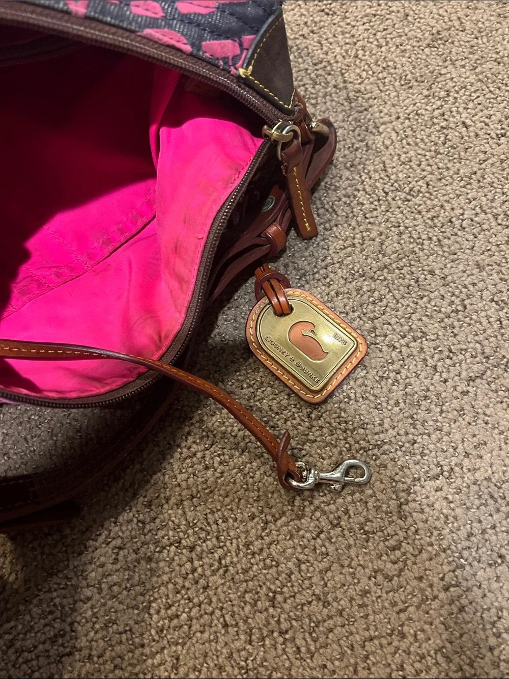 Dooney & Bourke Logo Hobo Bag Pink Navy Canvas Leather Y2K Shoulder Bag